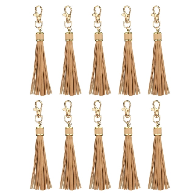 10pcs Borlas de Cuero PU, 6" Borla de Llavero con Gancho Giratorio para Hacer Joyería (Caqui)