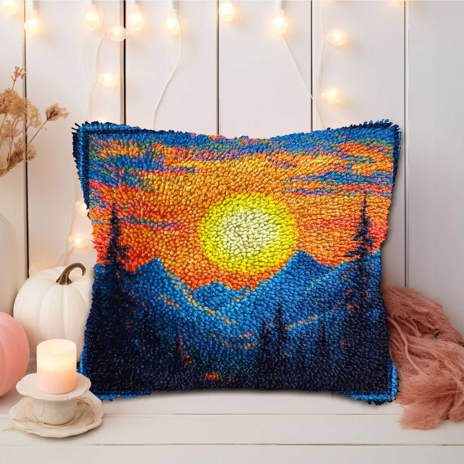 DIY Latch Hook Pillow Kits Sunset Mountains Printed Pillowcase Crochet Yarns Hooking Handmade Pillow Cover Cushion for Home Sofa Decoration 17x17inch-1
