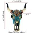 thumbnail image 2 of Urbalabs Teal & Gold Western Gem Stone Longhorn Cow Skull and Horns Sculpture Faux Taxidermy Animal Western Wall Mount Decor 9 Inches Wide Bull Statue Ranch Decoration Hand Painted, 2 of 7