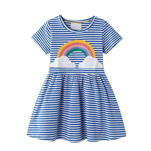 AJIWYH Robe Fille Robe d'Été Motif Broderie Rayures Arc-en-Ciel Robe Petite Fille Robe Princesse Enfant Bleue, 4-5 Ans