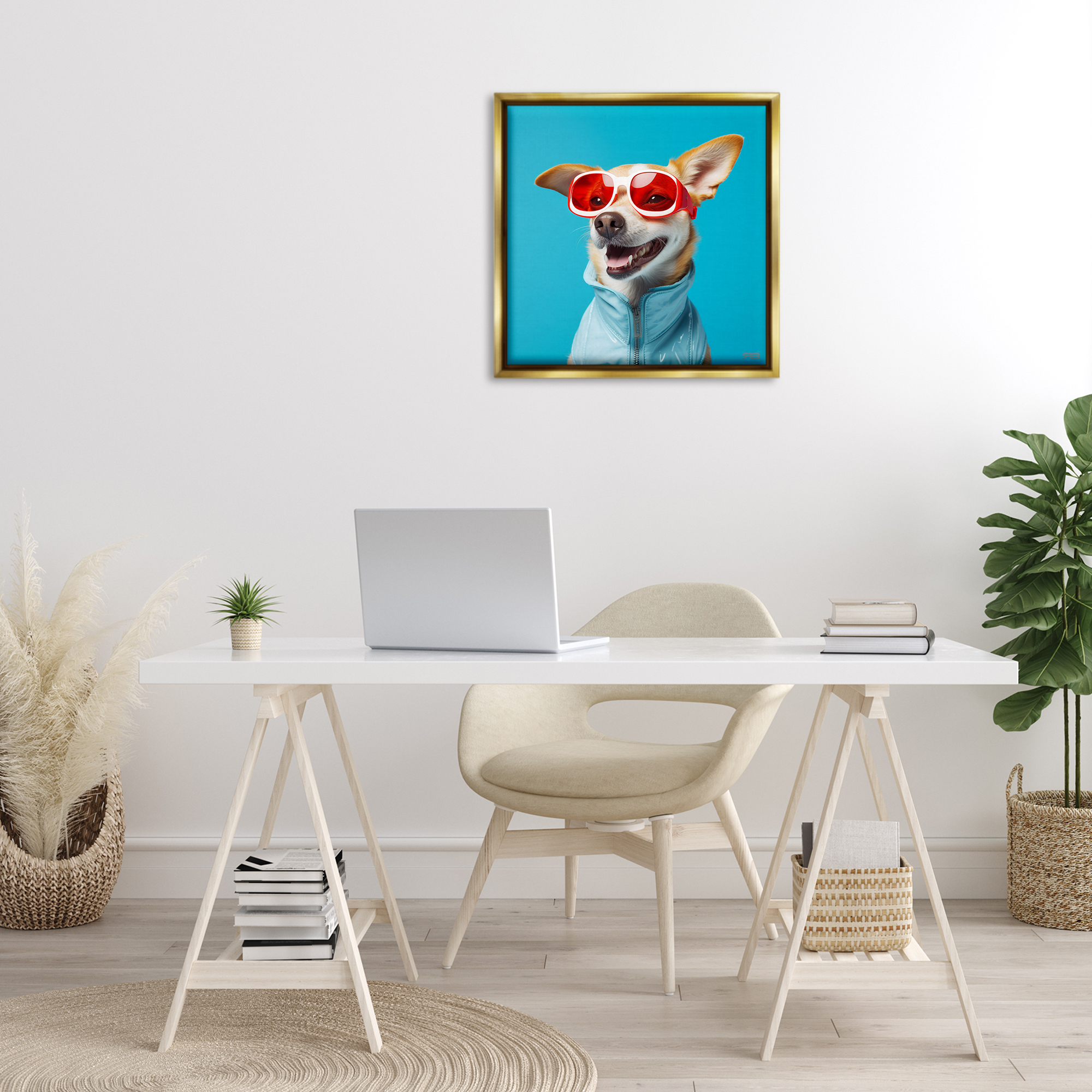 Stupell Industries Stylish Dog on Blue Animals & Insects Painting Gold Floater Framed Canvas Art Print Wall Art, 25 x 25