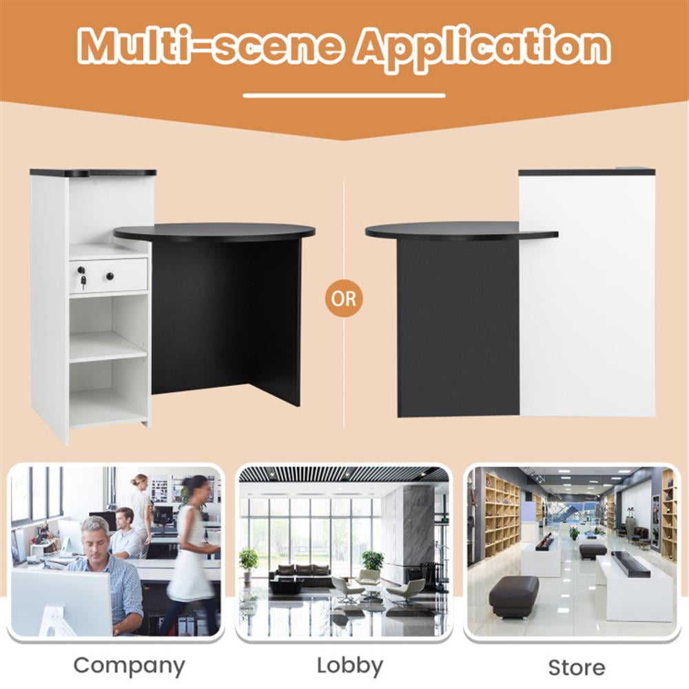 Demi Bonn Front Reception Office Desk with Open Shelf and Lockable Drawer, Small Home Computer Desk Study Writing Table, Black + White