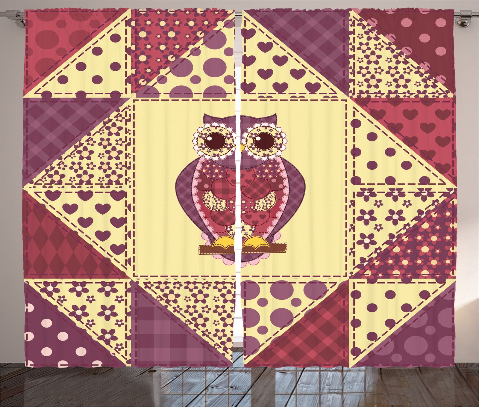 Owls Home Decor Curtains 2 Panels Set, Vintage Inspired Owl Pattern