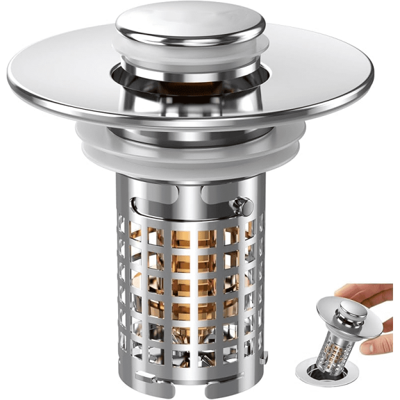3-in-1 Bathroom Sink Drain Strainer, Stainless Steel Pop-up Strainer Basket Hair Catcher with Removable Basket, Brass Bullet Core, Universal Fit 1.1-2.36 Inch