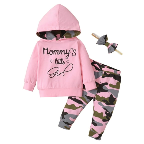 6 Months Baby Girls Clothes 9 Months Girls 3PCS Hoodie Outfits Set Letter Print Infant Girls Long Sleeve Top Camo Pants Set with Headband Pink