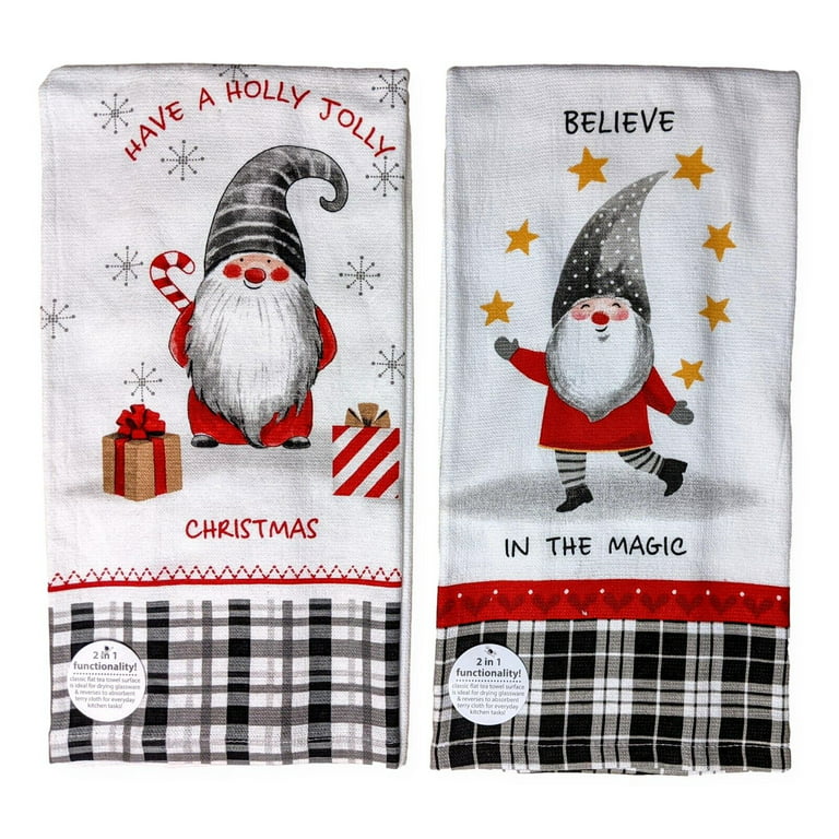Naughty Or Nice Gnomes Embroidered & Waffle Weave Kitchen Towel