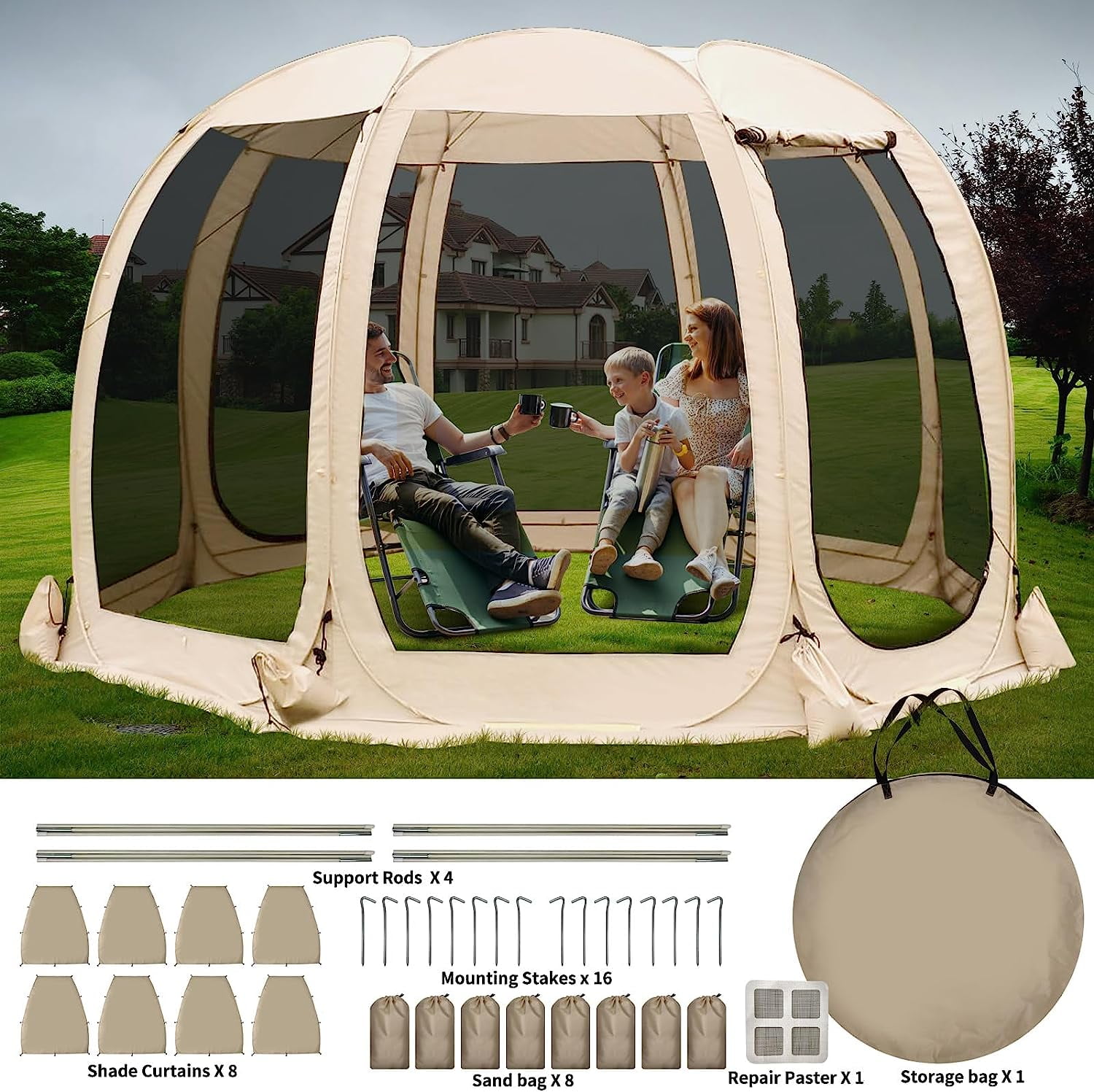 Slsy Canopy Outdoor Screen Tent, 12'x12' Instant Popup Screen Room Tent, Large Screen House, 8