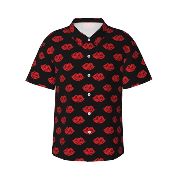 Fotbe Red Beautiful Lips Camisa Hawaiana para Hombre Unisex – Camisa Casual de Verano con Botones de Manga Corta de Algodón y Lino,Large