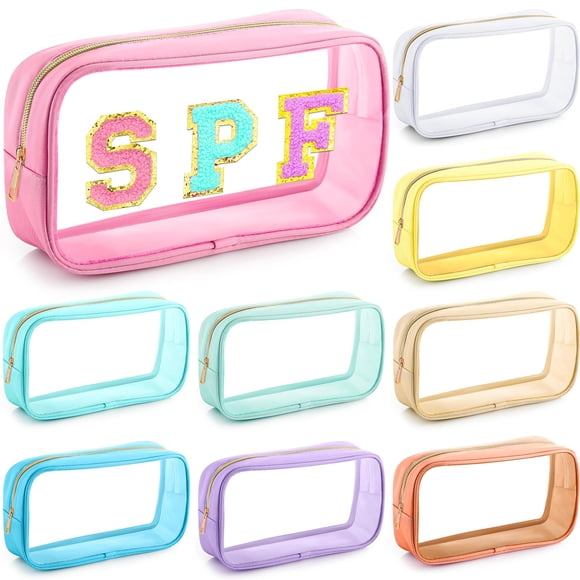 Bolsa de maquillaje Cunno Preppy, transparente, de nailon, con letras de chenilla, 24 x 13 x 7 cm