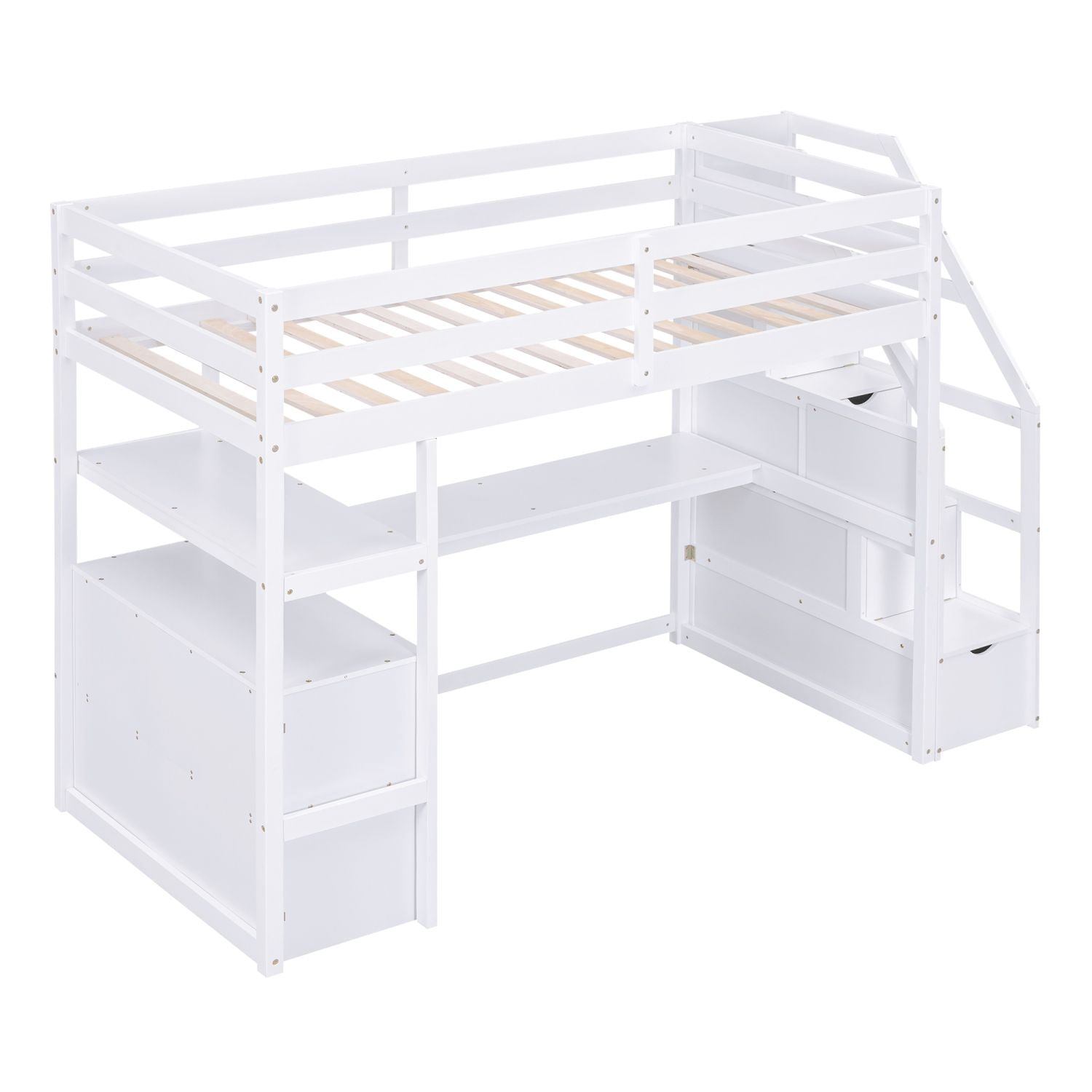 Asteroutdoor Twin Size Loft Bed with Desk and Shelves, Two Built-in Drawers, Storage Staircase, White