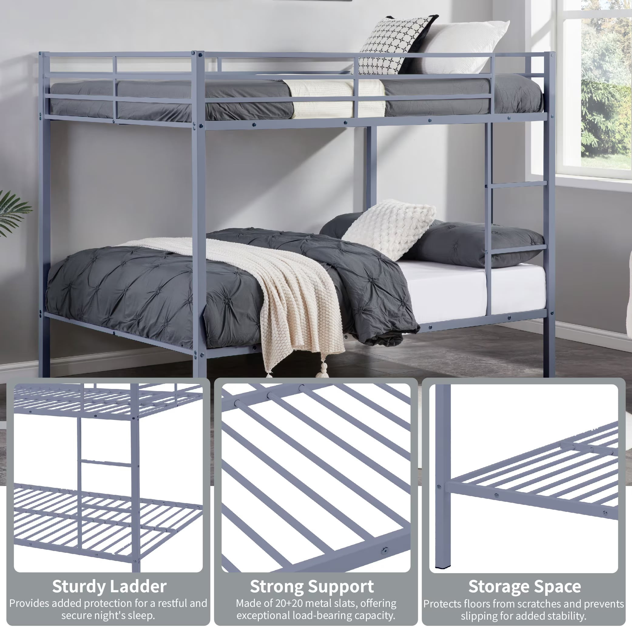 Full Over Full Bunk Bed, Heavy Duty Metal Bunk Bed Frame with Built-in Ladder and Safety Guard Rails, Low Profile Platform Bed, No Box Spring Needed for Kids, Small Spaces, Grey