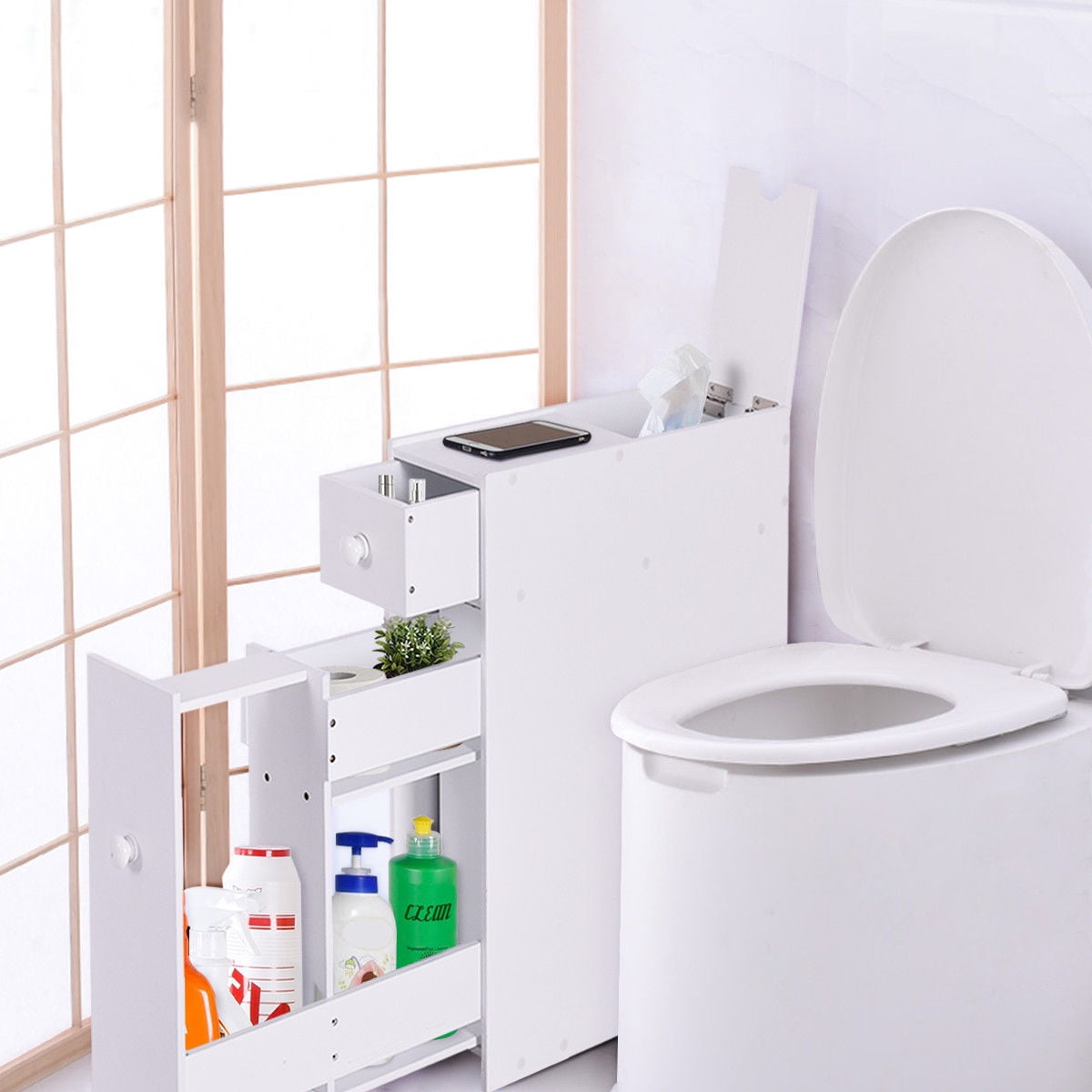Narrow Wood Floor Bathroom Storage Cabinet Holder Organizer Bath Toilet