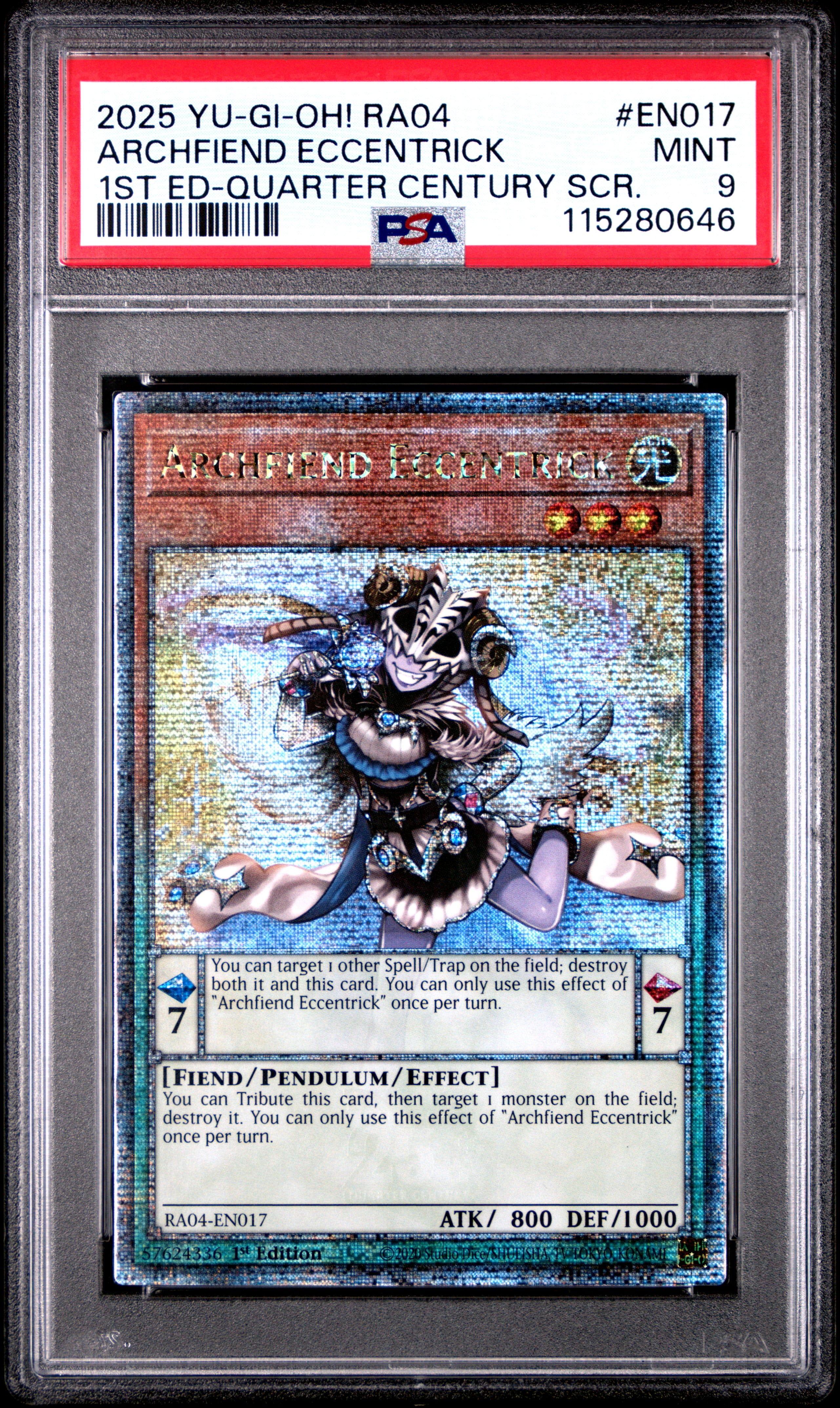 Yu Gi Oh! TCG, PSA Graded 9 MINT, Archfiend Eccentrick 1St Ed Quarter Century Scr. #EN017, Ra04 Quarter Century Stampede, Fully Encapsulated Bundle with Compatible Yu Gi Oh! Hard Sealed Case