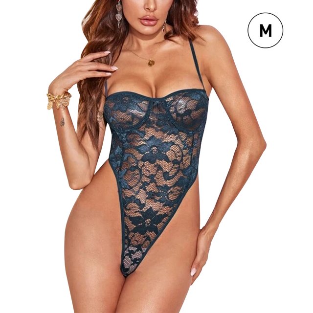 Lencería sexy para mujer, espalda abierta, diseño de correa, mono, mono de malla de encaje, zafiro, M Speravity XX000168-06
