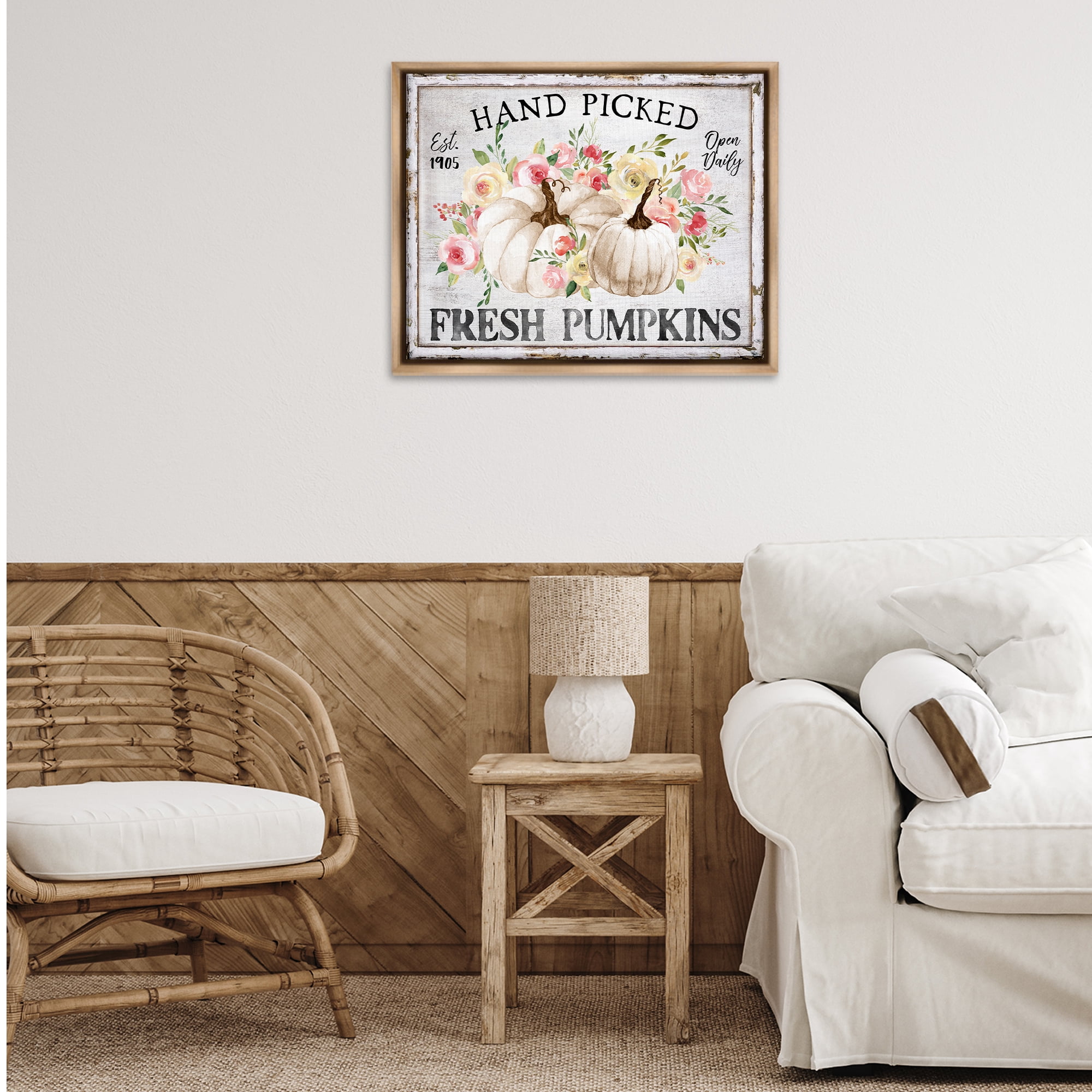 Stupell Industries Hand Picked Pumpkins Holiday Painting Brown Floater Framed Canvas Art Prints Wall Art, 31 x 25
