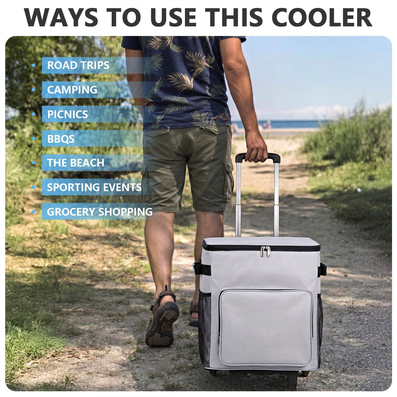 Merryhome Cooler with Wheels, 60-Can 40 Qt Rolling Cart Soft Cooler Bag, Foldable Leak-Proof Cold Retention Cooler for Camping, Beach, Grocery