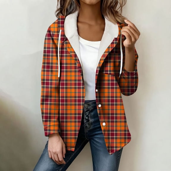 Zip Up Jacket Women Plaid Shacket Long Sleeve Sherpa Fleece Jacket with Pockets Fall Coats Winter Clothing Orange S