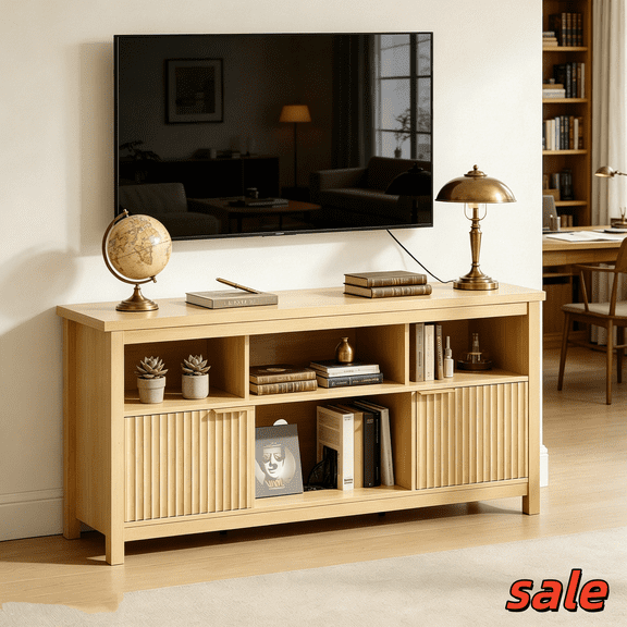 Hassch TV Stand for TVs Up to 70", Entertainment Center with Adjustable Shelf, 58Inch Media Console Table with 2 Doors for Living Room, Bedroom, Natural