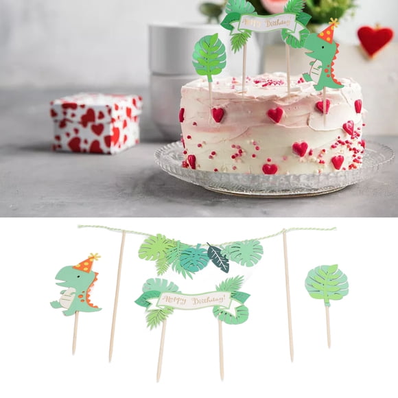 Dinosaur Cake Decorations, Fine Workmanship Dinosaur Cake Topper Palm Leaf Happy Birthday English Card Green Dinosaur for Dinosaur Birthday Party
