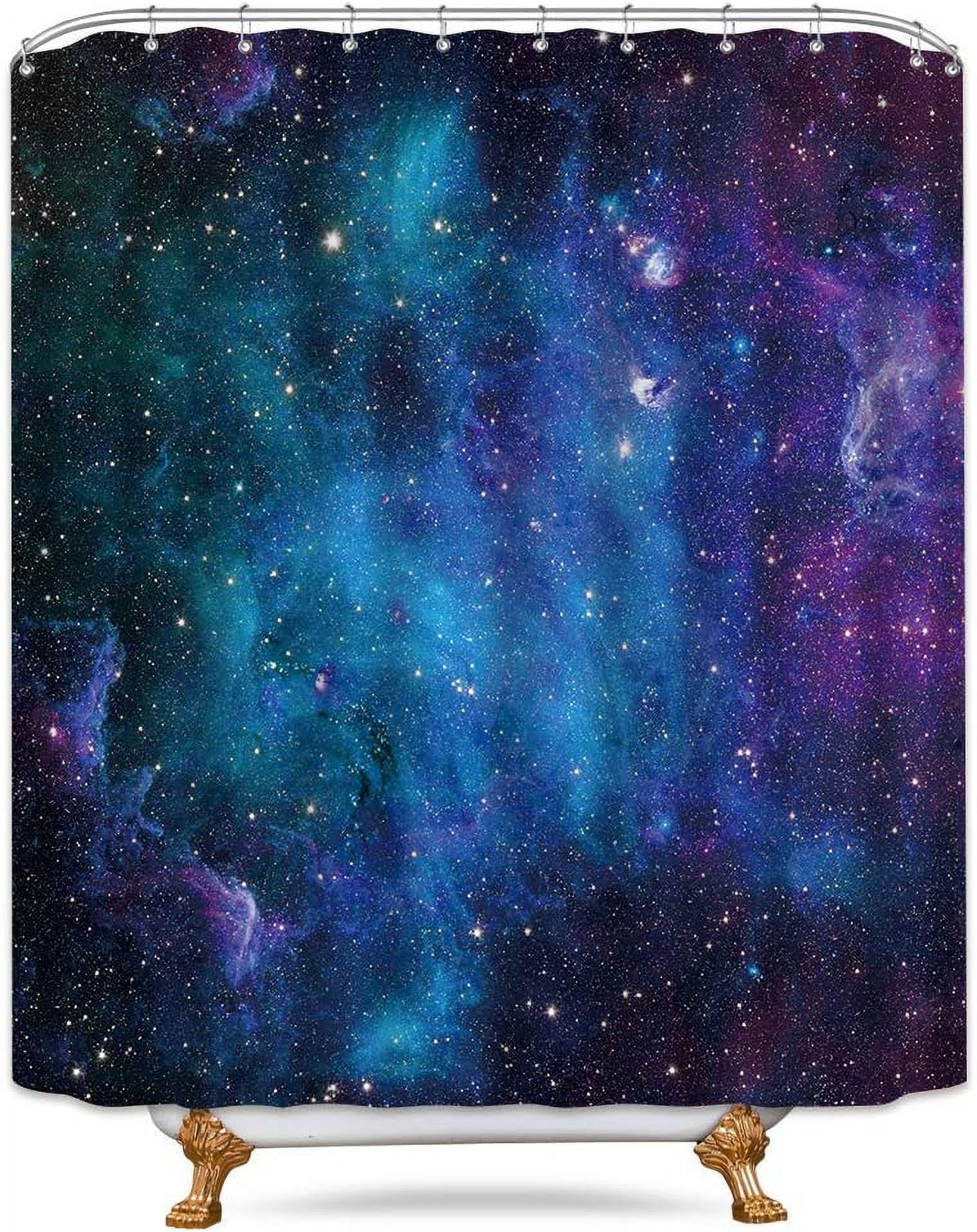 Extra Long Galaxy Outer Space Shower Curtain 72Wx84H Inch Universe Planets Magical Fantasy Starry Nebula in Blue Sky Ocean Decor Fabric Bathroom 12 Pack Plastic Hooks WW-CLLE
