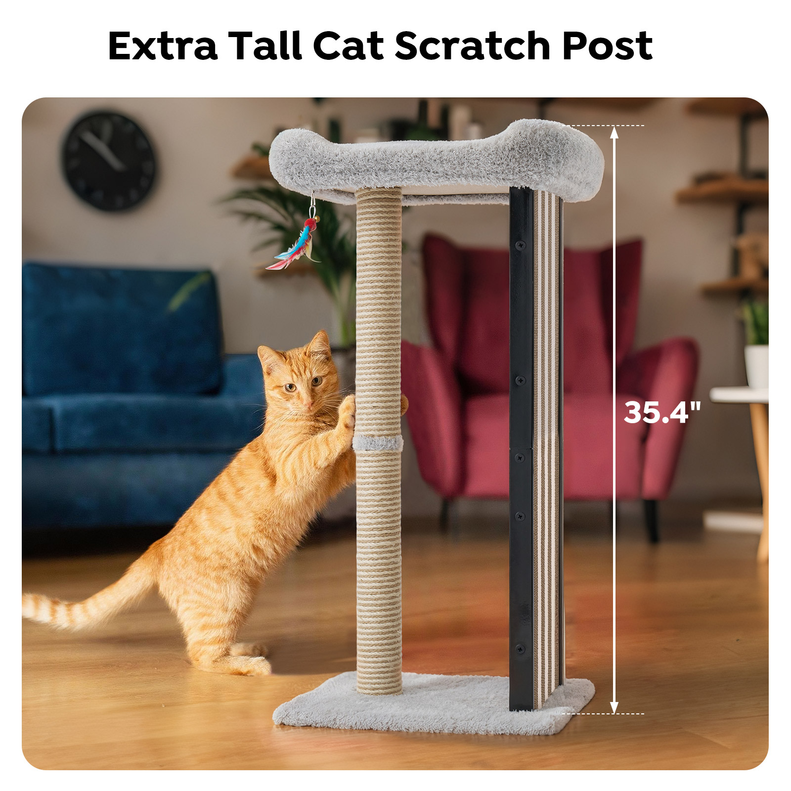 Veehoo 35" Tall Cat Scratching Post for Indoor Cats Adult, Sturdy Cat Scratch Pad with Replaceable Metal Frame Scratching Board, Large Scratch Post with Plush Top Bed