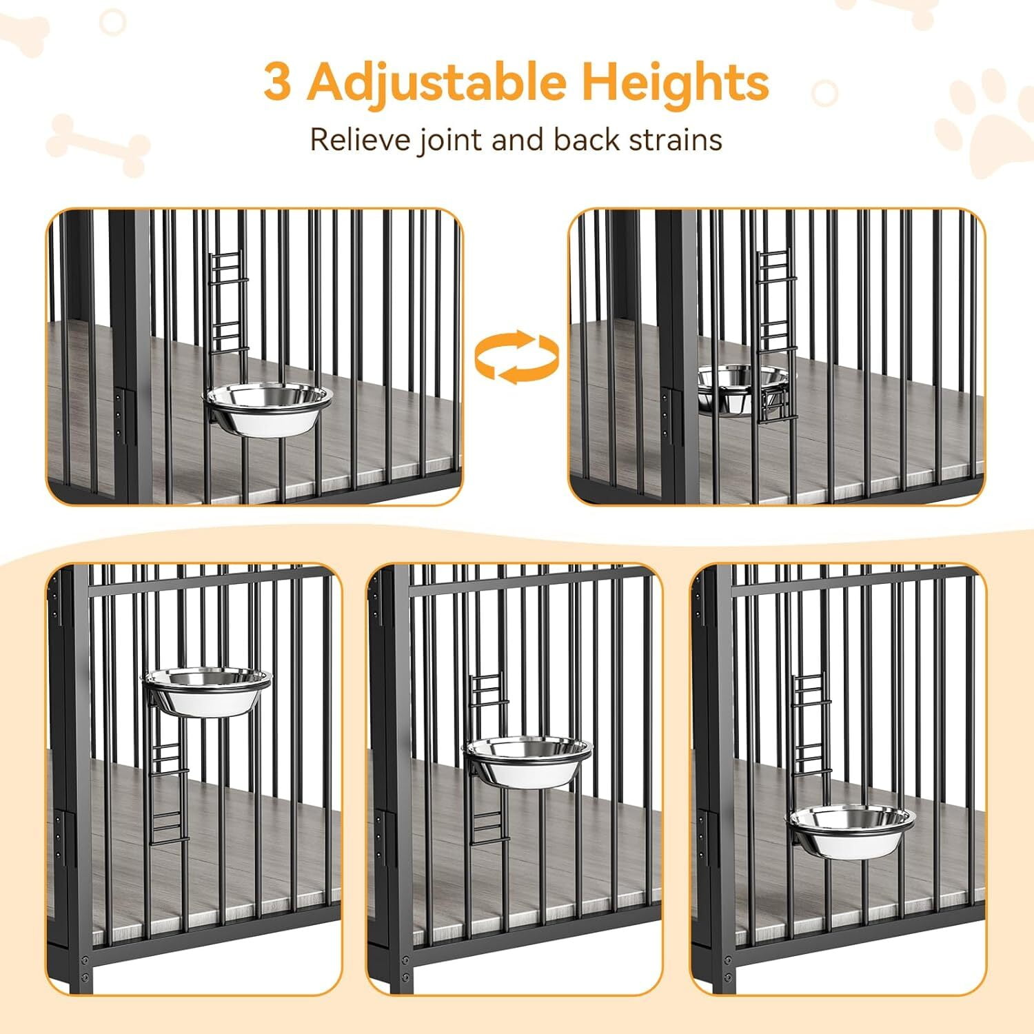 Aoile Dog Crates for Medium Dogs, Heavy Duty Dog Crate with Adjustable Height Feeder, Dog Cage Furniture with 360° Wheels, Gray