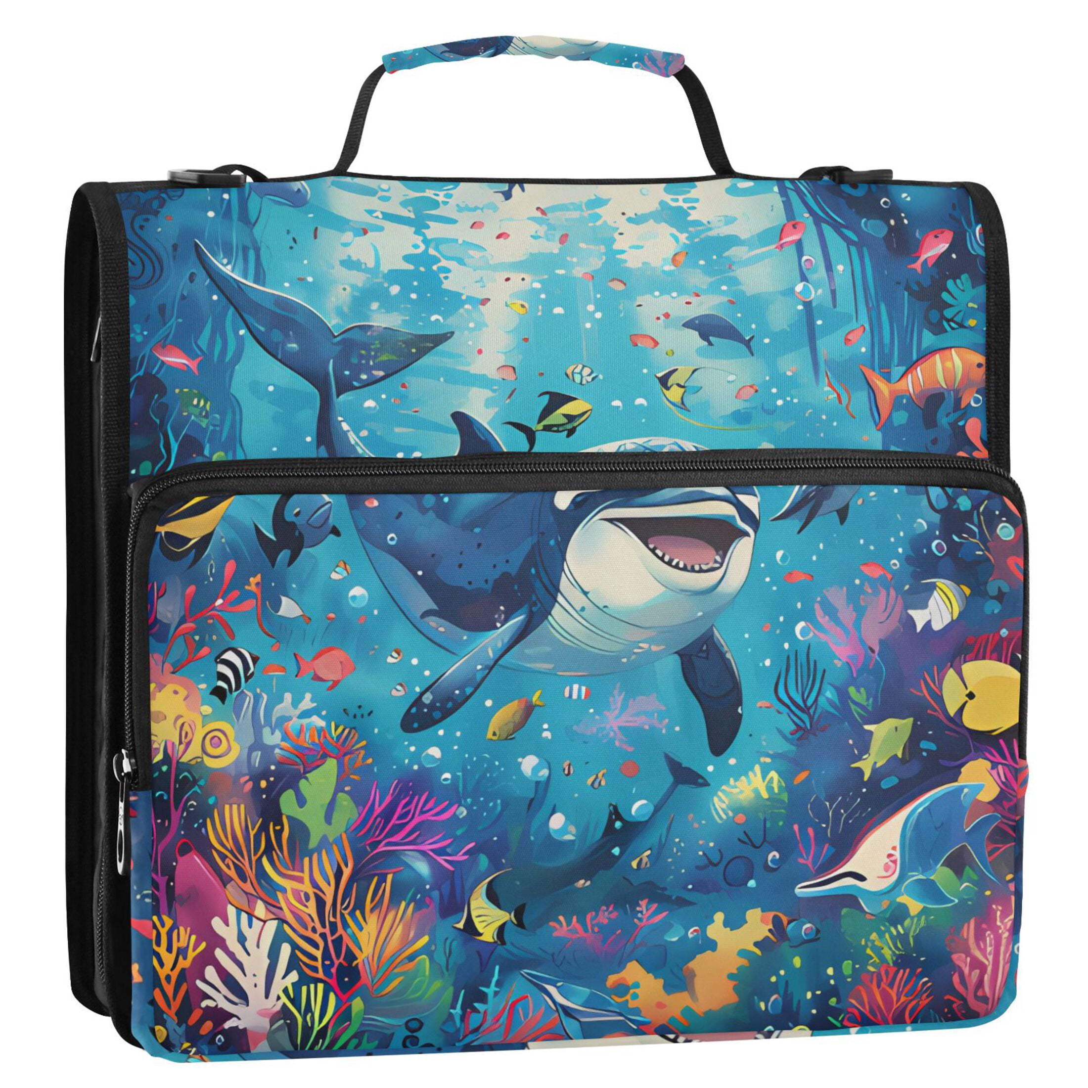 3 Ring Zipper Binder with Shoulder Strap Waterproof Trapper Keeper 2 Inch D-Ring 500 Sheets Capacity Dolphin and Fish