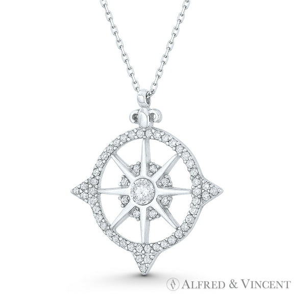 Northstar Compass Nautical Charm CZ Crystal Pendant & Chain Necklace in .925 Sterling Silver w/ Rhodium