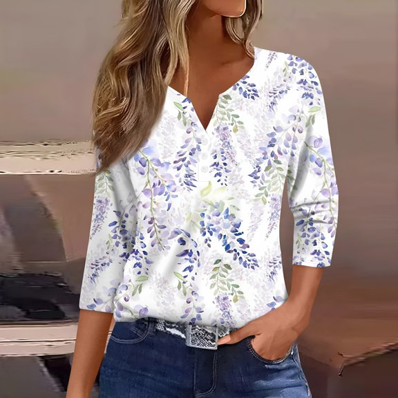 TELOLY Tops for Women 2024 Women's T Shirt Tee Print Button 3/4 Sleeve Raglan Sleeve Daily Weekend Fashion Basic V Neck Regular Top White M