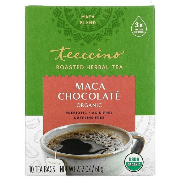 Teeccino, Organic Roasted Herbal Tea, Maca Chocolate, Caffeine Free, 10 Tea Bags, 2.12 oz Pack of 3