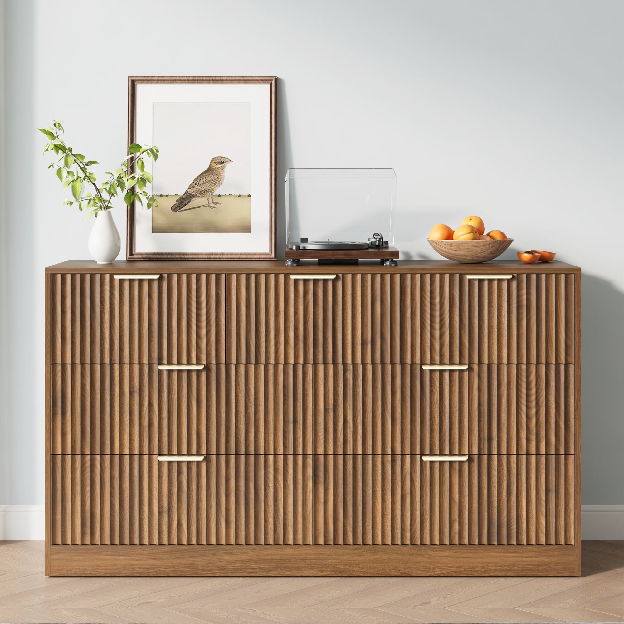 YouTrend 55.1"W Fluted Dressers for Bedroom with 7 Drawers,Modern Chest of Drawer TV Stand for Adults,Wood Clothes Storage for Living Room,Brown