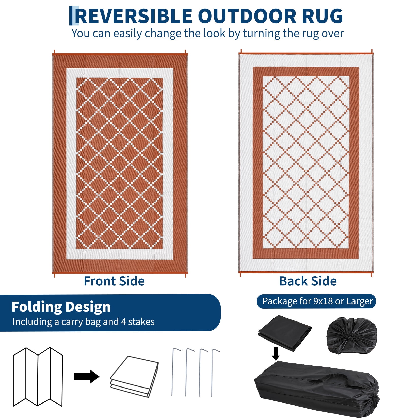 HIWEAVER 9' x 18' Orange/Red Outdoor Rug PP Plastic Straw Woven Waterproof Patio Rug with Border Portable Outside Carpet for Balcony Deck Picnic Garden Decor