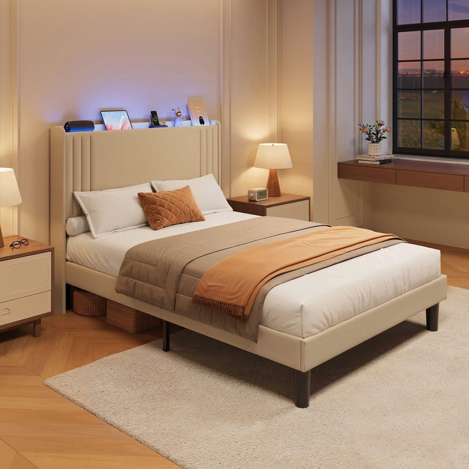 Luxury Wingback Upholstered Platform Bed Frame, Noise-Free & Sturdy, No Box Spring Required, Full Size Bed Beige