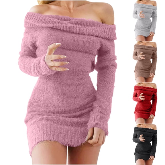 YHAJDS Women's Casual Dress,Women's Dresses Long Sleeve Dress Off The Shoulder One Shoulder Solid Color Formal Dress for Women Elegant Party Gown Suitable for Fall Winter Special and Evening Events