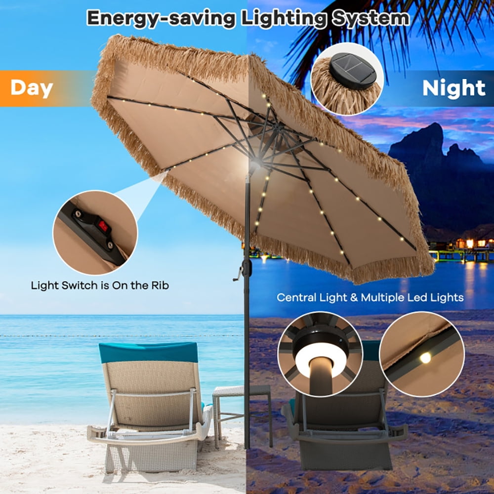 Aimee Lii 10 Feet Hawaiian Style Solar Lighted Thatched Tiki Patio Umbrella, Patio Table Umbrella