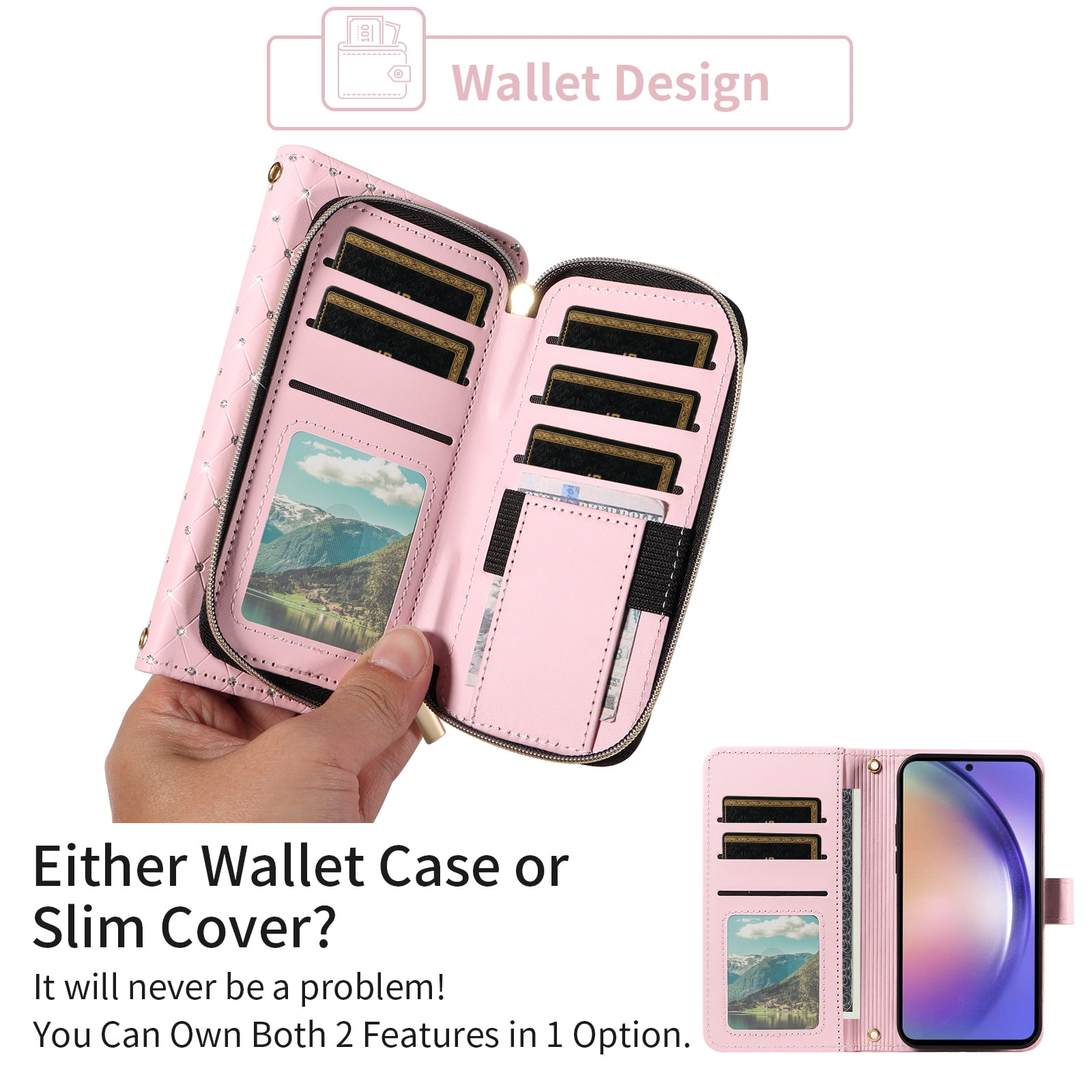 Compatible with Samsung Galaxy A54 5G Wallet Phone Case Tempered Glass Screen Protector Bling Glitter Crossbody Lanyard Strap Flip Zipper Purse Card Holder Cell Cover for A 54 54A SM A546U Women Pink