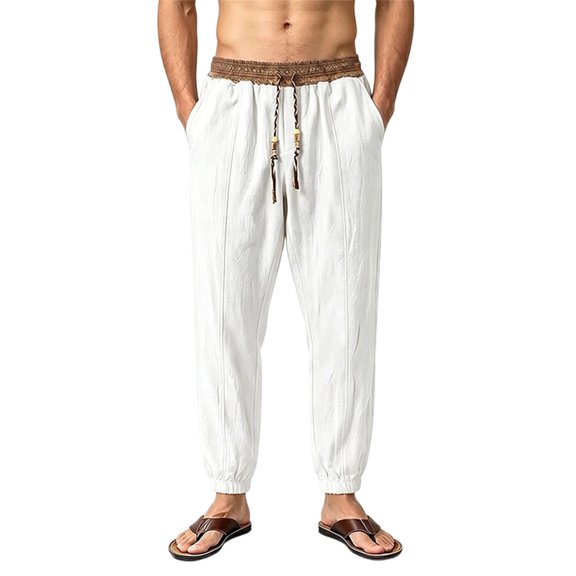 WRKEKC Mens Linen Pants Elastic Drawstring Waist Jogger Ankle Cuff Lightweight Trousers with Side Pockets for Summer Beach and Daily Relax Wear