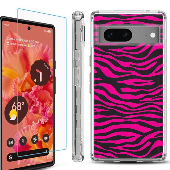 OneToughShield ® Compatible with Google Pixel 8, Shockproof Phone Case, with Tempered Glass Screen Protector - Zebra Pink