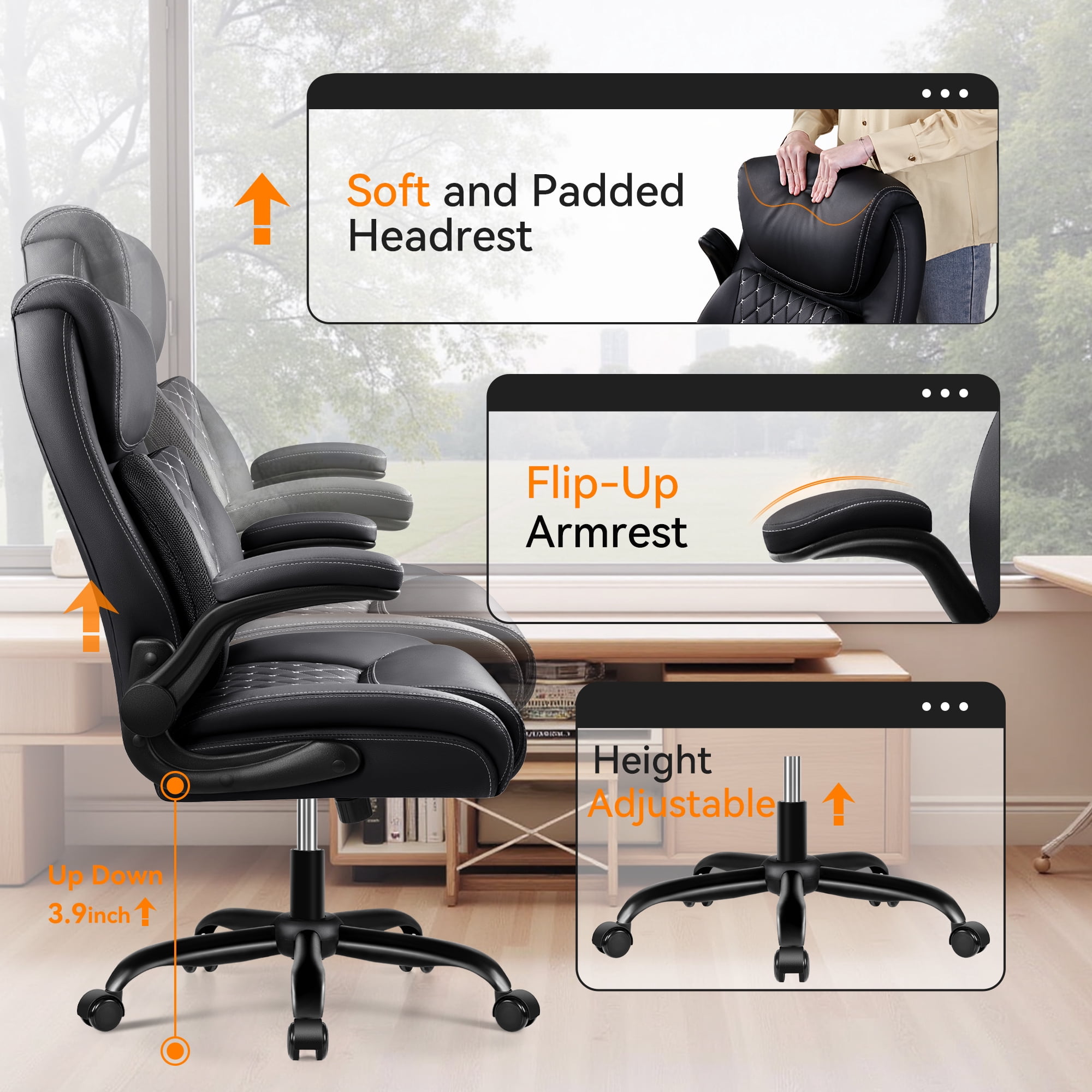 COOLHUT Big and Tall Office Chair 500LBS Wide Seat Ergonomic Computer Desk Chair, High Back Executive PU Leather Chair, Adjustable Armrest and Lumbar Back Support Office Chair, Black