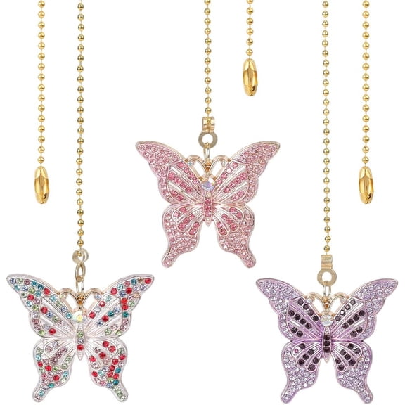 3Pcs Butterfly Ceiling Fan Pull Chain Extender Colorful Pink Purple Alloy Rhinestone Charm Ornament Pendant Adjustable Extension Iron Ball Connector for Ceiling Light Table Lamp Fan Decor