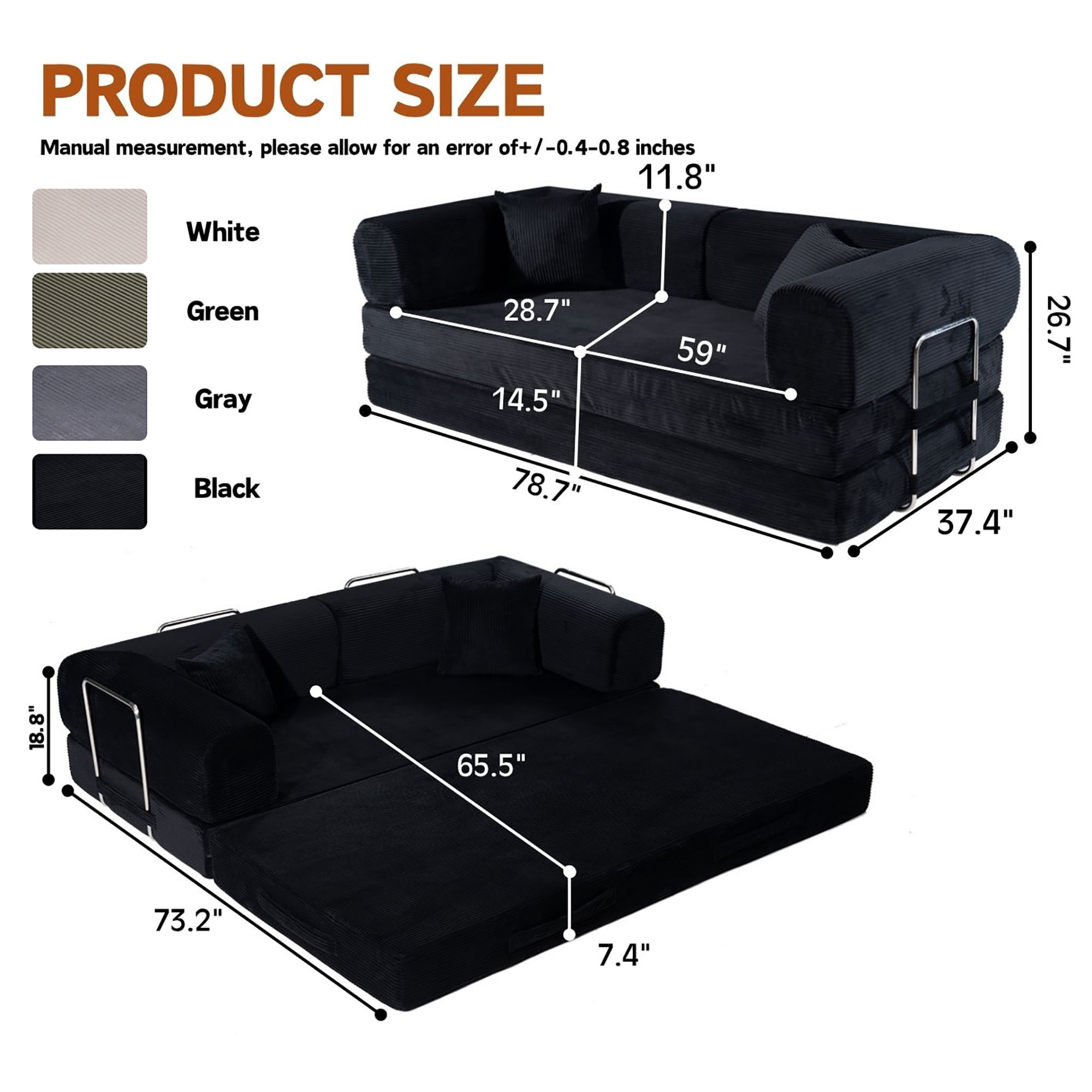 HOQBN Convertible Sofa Bed, Corduroy Fold Out Futon Sleeper Mattress with Pillows, Boneless Folding Floor Couch for Living Room Bedroom Black