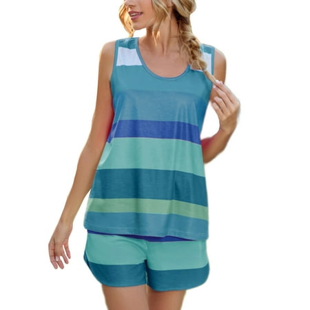 

Women Short Sleeve Casual Baggy 2PCS Lounge Wear Sleepwear Pajamas 2Pcs Set Summer Boho Striped Cami Shorts Set Nightwear Set
