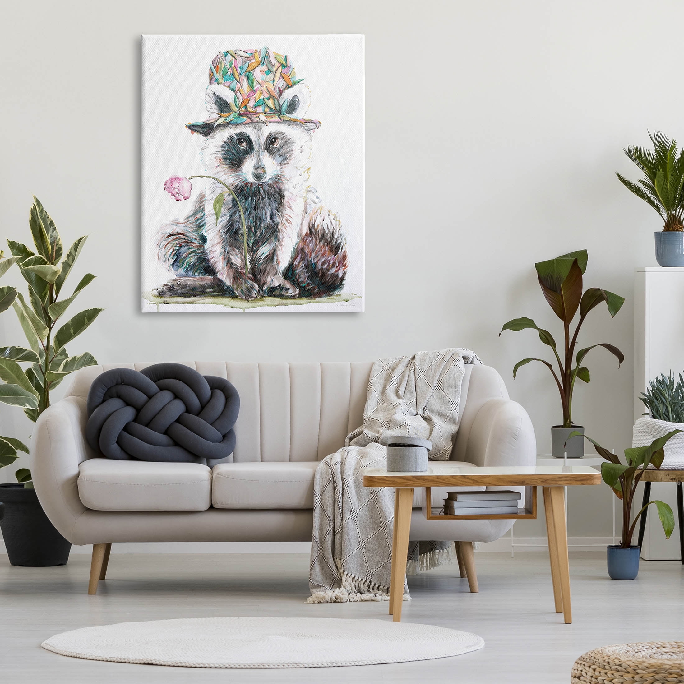 Raccoon Pink Blossom Hat Animals & Insects Graphic Art Gallery Wrapped Canvas Print Wall Art