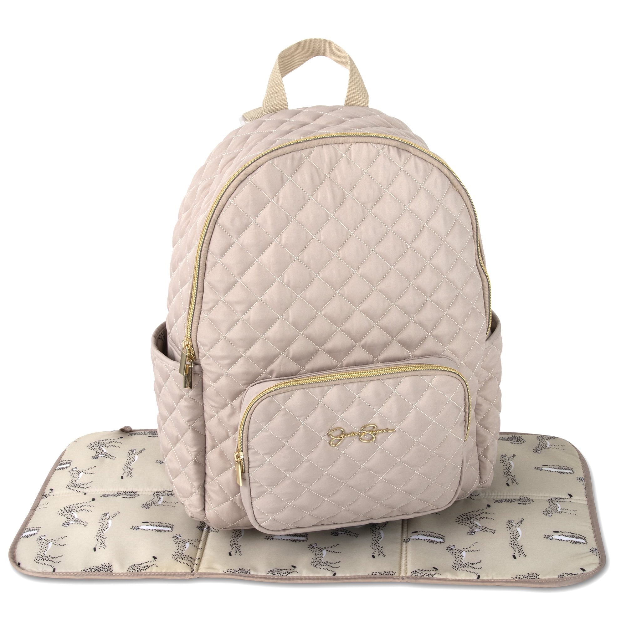 Jessica Simpson Taupe Diamond Quilted Multi-Pocket Dual Zipper Closure Fashion Diaper Bag Backpack with Running Cheetah Print Interior, Matching 3-Ply Folding Baby Changing Pad