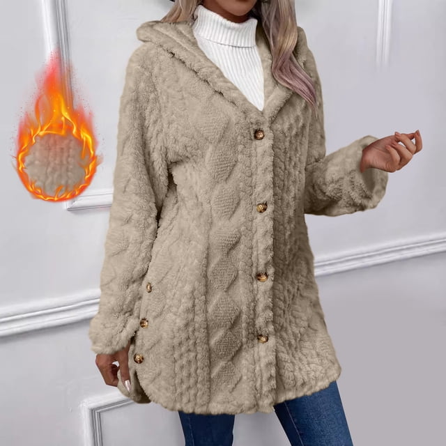 Chaquetas y abrigos casuales con capucha de manga larga para mujer, chaqueta cálida de invierno con capucha de manga larga, chaqueta de felpa con botones de color liso, blusa para mujer