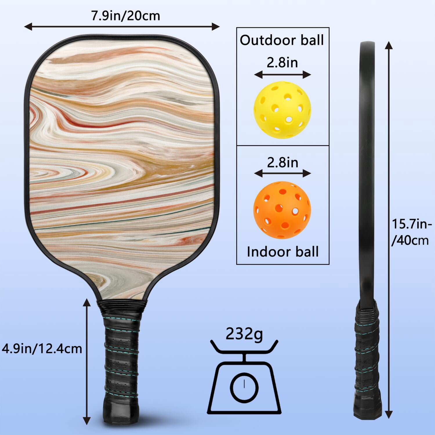 Pickleball Paddles Set Of 1, Fiberglass Surface, Liquid & Marble Print, 1 Paddles, 2 Balls & Bag