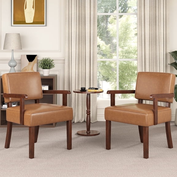 FAGAGA Accent Chair Set of 2 with Table, Mid Century Modern PU Leather Chair for Living Room, Oversized Chair for Reading Room, Reception Room, Bedroom | Leather Brown