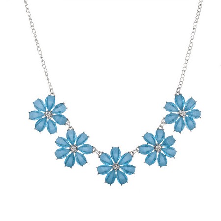 - Lux Accessories Silver Tone and Blue Rhinestone Five Flower Statement Necklace