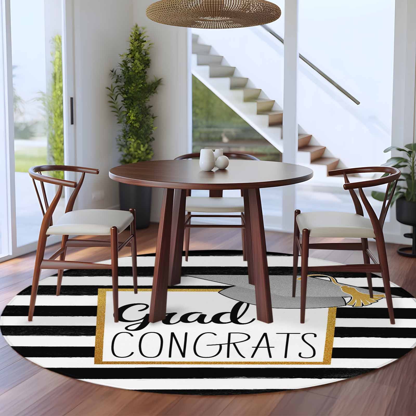 Graduation Top Hat Round Living Room Rugs 6 ft, White Black Striped Abstract Art Washable Area Rug with Non-Slip Sturdy Edge Binding Round Carpet for Kitchen Office Bedroom