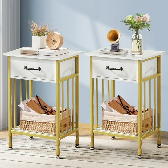 VECELO Set of 2 Nightstand with Drawer and Storage Shelf, Modern End Side Table for Bedroom, Living Room, Office, Gold
